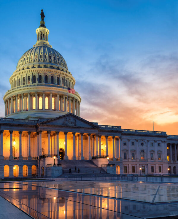 The United States Capitol building at sunset, Washington DC, USA.